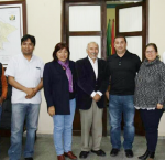 Inception Meeting of the Project "Leadership of Women and Strengthening of Departmental Public Management: Planning Secretary Officer of Beni Regional Government, Wilder Molina (3rd L) , International IDEA Consultant, Yerko Rodríguez (2 nd L), Regional Government of Beni - Environment Secretary Officer, Ingrid Zabala (L), Senior Advisor of International IDEA, Alfonso Ferrufino (C), Governor of Beni Regional Government, Alex Ferrier (R), Programme officer of international IDEA, Carolina Floru (2nd R) and
