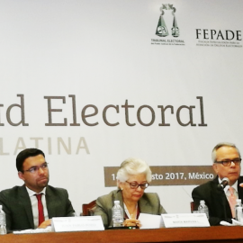 Panel de discusión sobre en la Conferencia sobre Integridad Electoral en América Latina realizado el 14 y 15 de agosto de 2017 en la Ciudad de México. De izquierda a derecha: Michael Svetlik, vicepresidente de la Fundación Internacional para Sistemas Electorales (IFES); Juan Pablo Pozo, presidente del Consejo Nacional Electoral de Ecuador; María Marván, presidenta de Transparencia México y Daniel Zovatto, director regional para América Latina y el Caribe de IDEA Internacional. Crédito: IDEA Internacional.