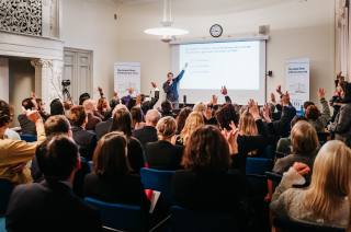 The founder of Gapminder, Ola Rosling, conducts an interactive survey during the Stockholm launch of the GSoD 2019 Report