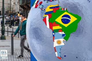3d map of Central - South America and a man wearing a sanitary mask