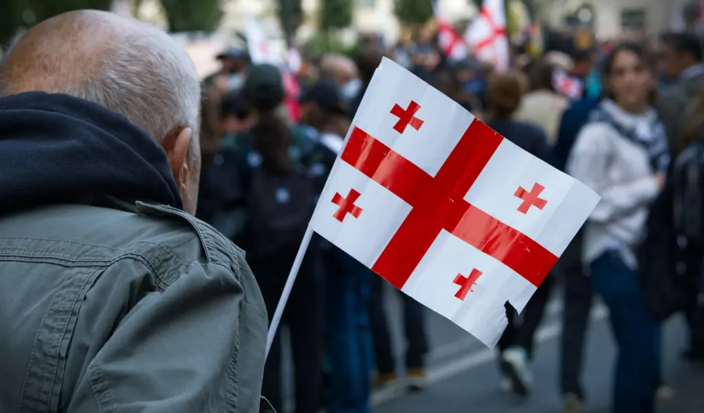 Man carries Georgian flag in crowd