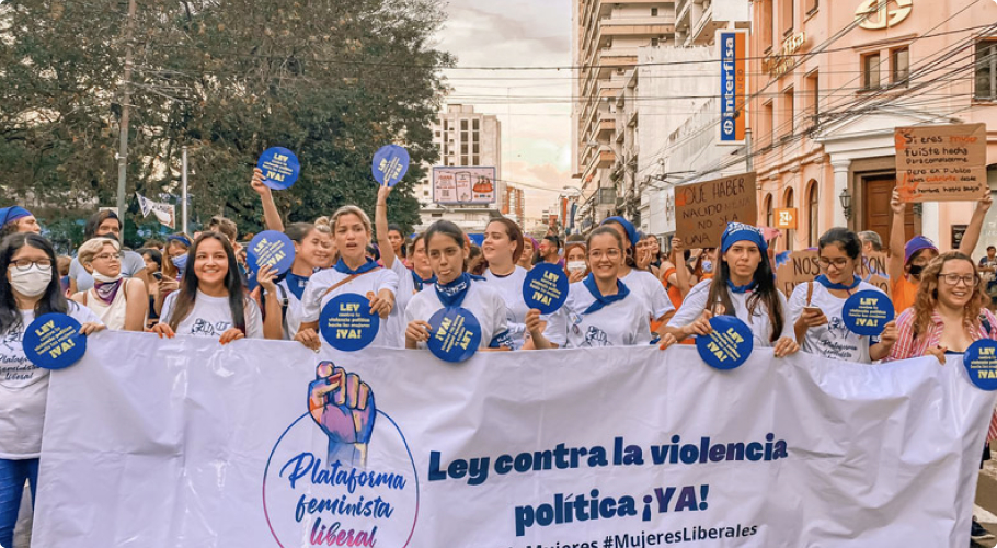 Women from the Liberal Party march during 25N in support of the VAWP bill in Paraguay. Credit: International IDEA