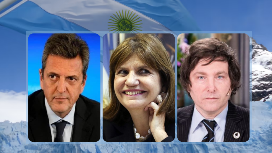 Sergio Massa, Patricia Bullrich y Javier Milei, candidatos a la presidencia de Argentina en 2023.