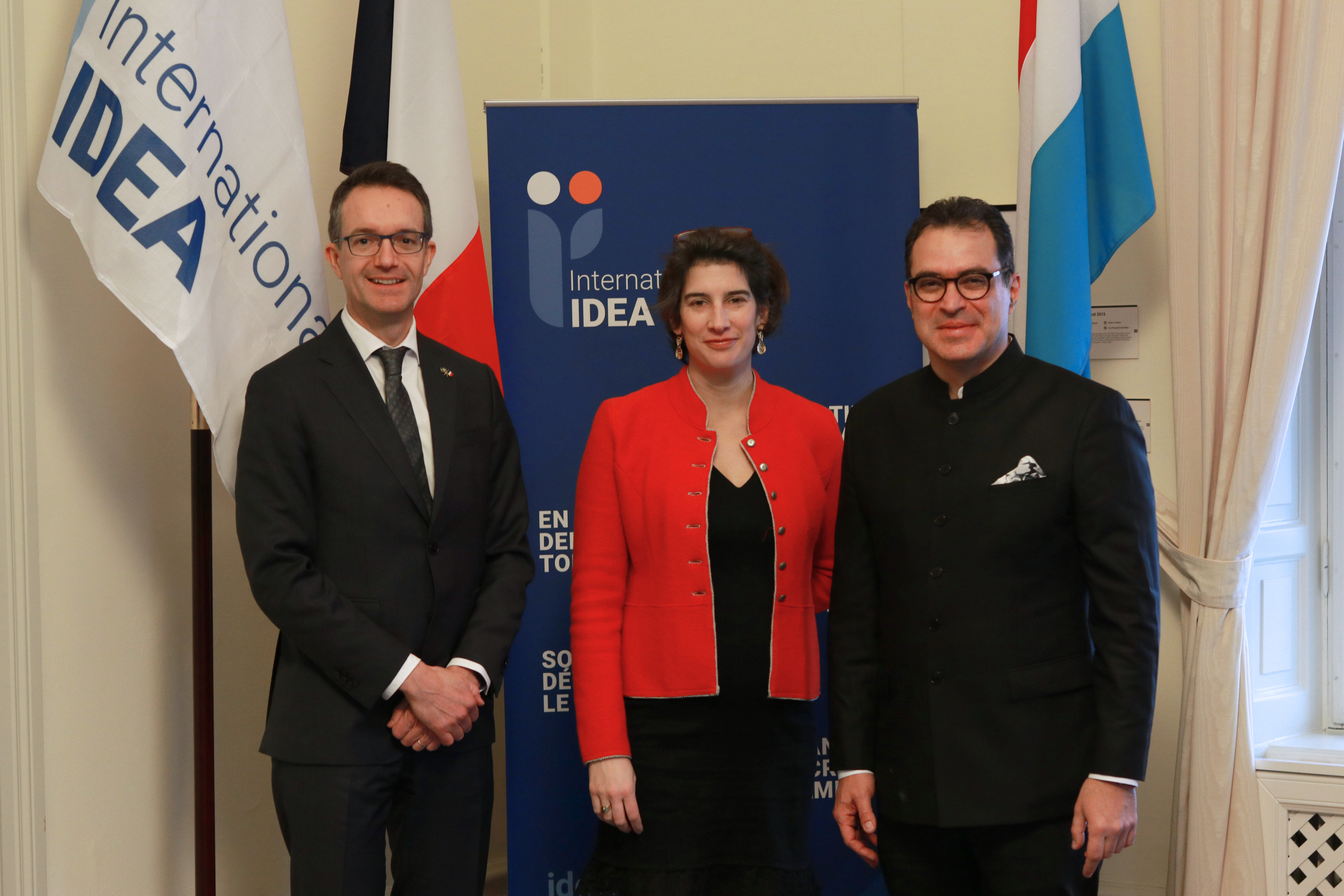 The photo shows, from left to right: French Ambassador to Sweden Etienne Le Harivel de Gonneville, Clemence Weulersse, Head of the Department for Democratic Governance in France  Secretary-General Kevin Casas-Zamora, International IDEA.