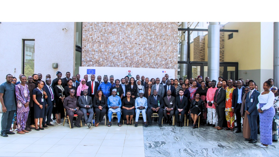 A cross section of staff from International IDEA Nigeria, the NFIU, representatives from the French Embassy, and other key stakeholders during the strategy launch in Abuja, Nigeria. 