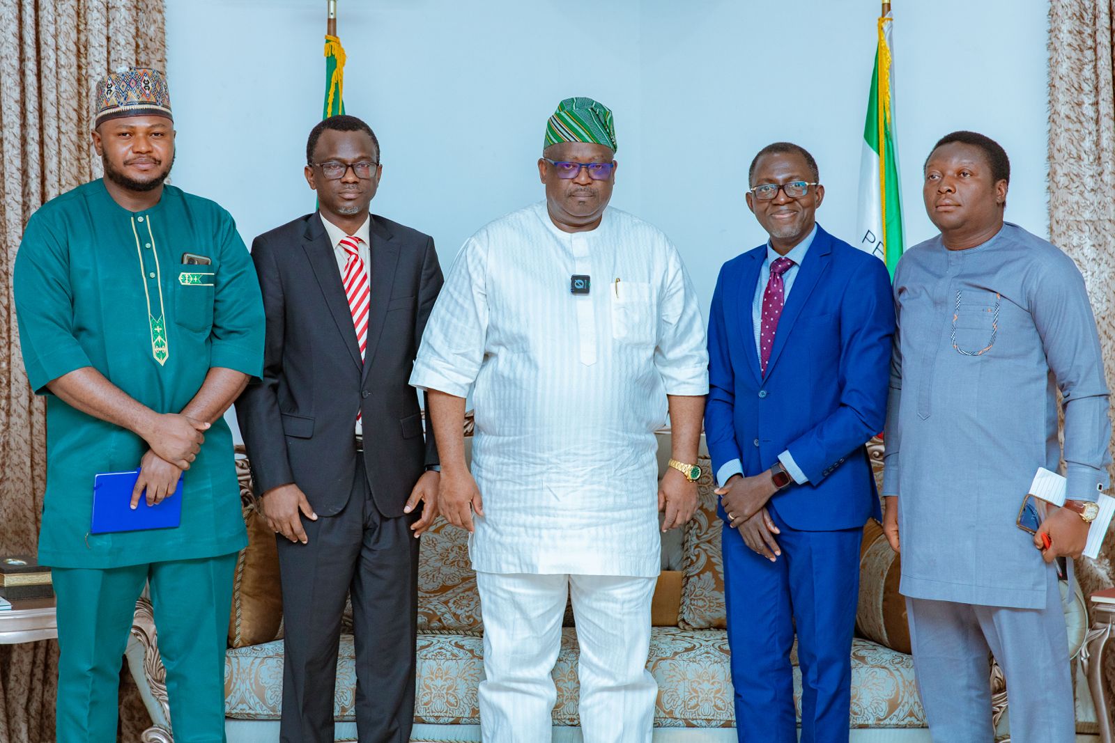 The Governor of Plateau State, Barr Caleb Muftwang, National Programme Coordinator Mr Danladi Plang, Barr Toyin, Dr Joseph and Mr Murkthar Suleiman at the Government House