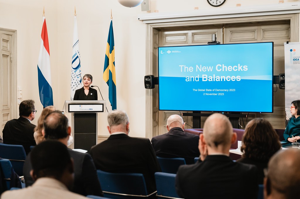Seema Shah, Head of the Democracy Assessment team at International IDEA, introduces the findings of the annual Global State of Democracy Report at the global launch event in Stockholm on 2 November 2023. Credit Malin Huusmann