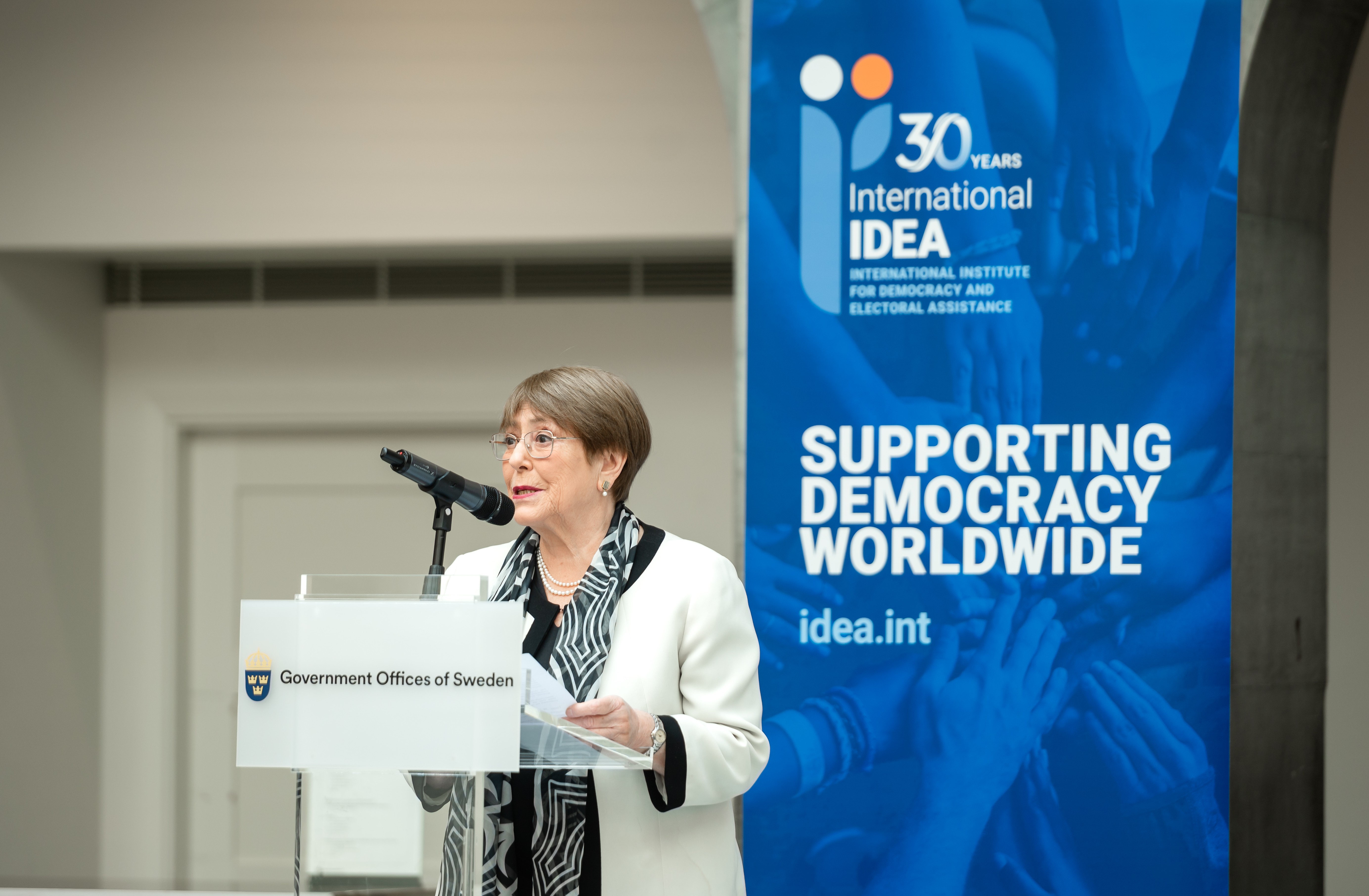Michelle Bachelet, former President of Chile and UN High Commissioner for Human Rights, speaks during the International IDEA 30th Anniversary High-Level Session. Photo credit: Malin Huusmann/International IDEA.