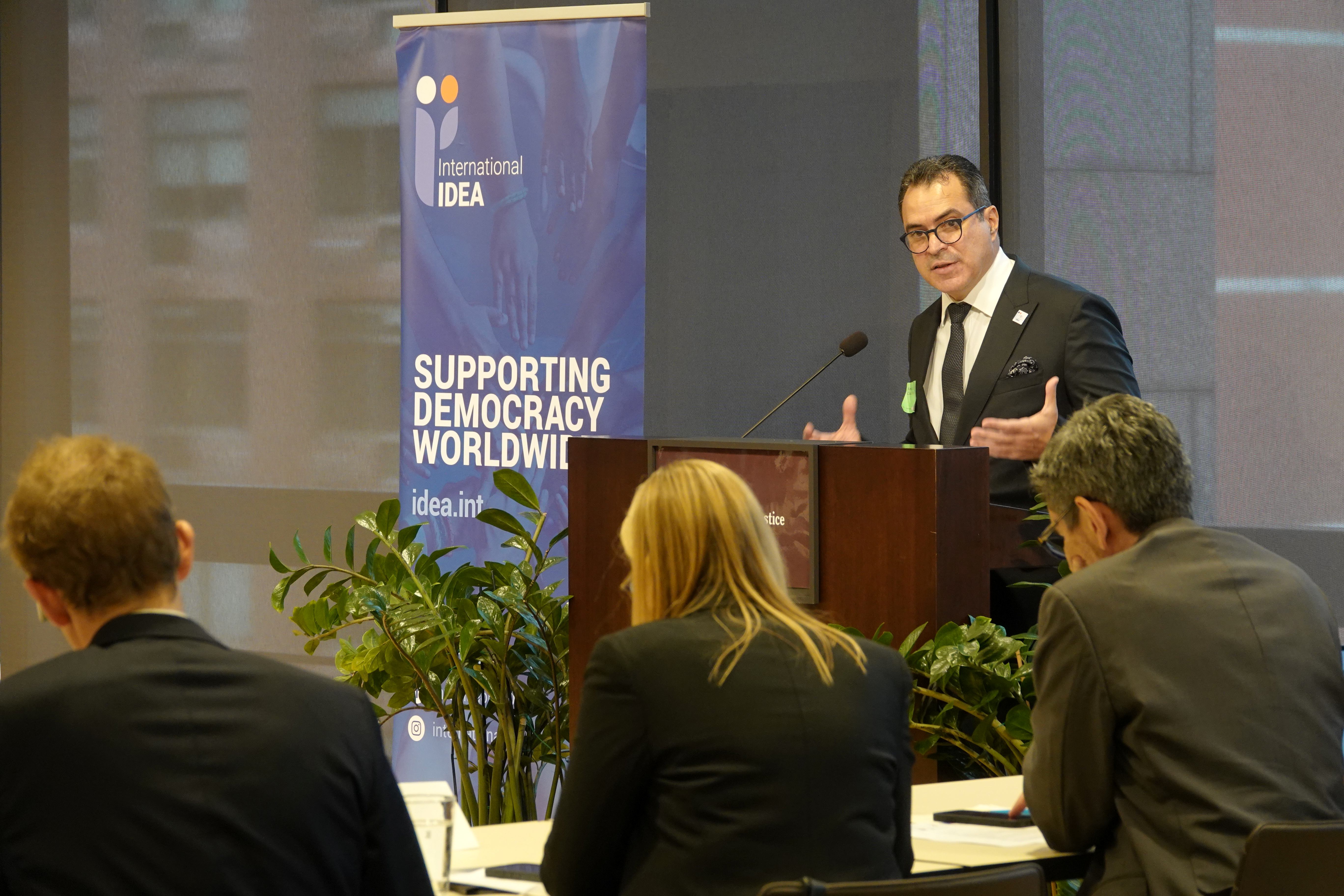 International IDEA Secretary-General Kevin Casas-Zamora delivers his introductory remarks the United Nations General Assembly High-level Event: Support for Democracy in a New Geopolitical Context, in New York on 25 September 2025. Credit: Jessica Benton Cooney