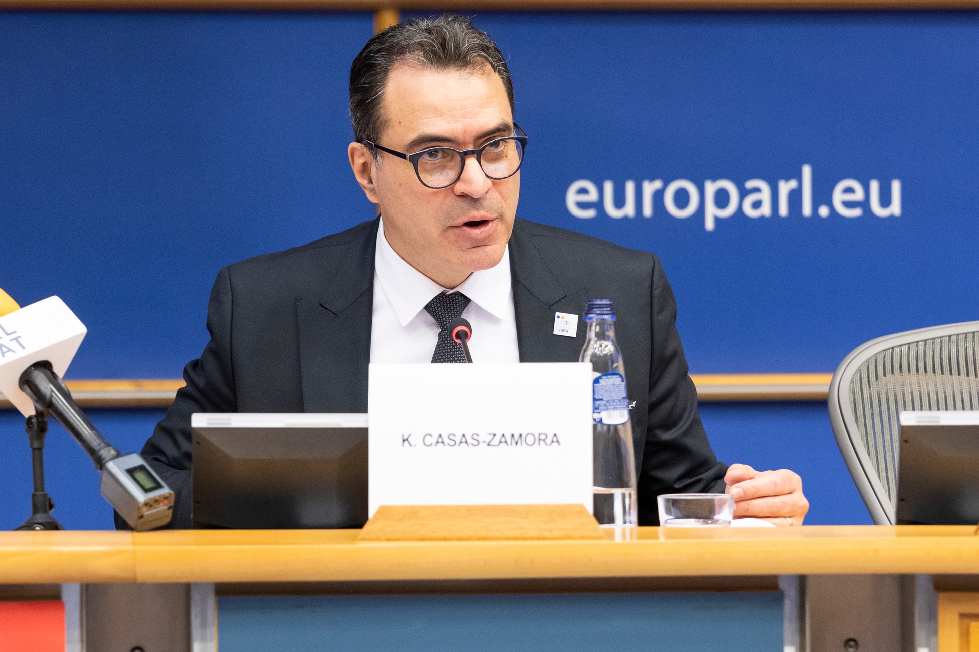 Kevin Casas-Zamora, International IDEA Secretary-General, delivers opening remarks at the High-level conference on Belarus, 8 December 2025. Credit: European Union 2025, Source: EP, Philippe BUISSIN