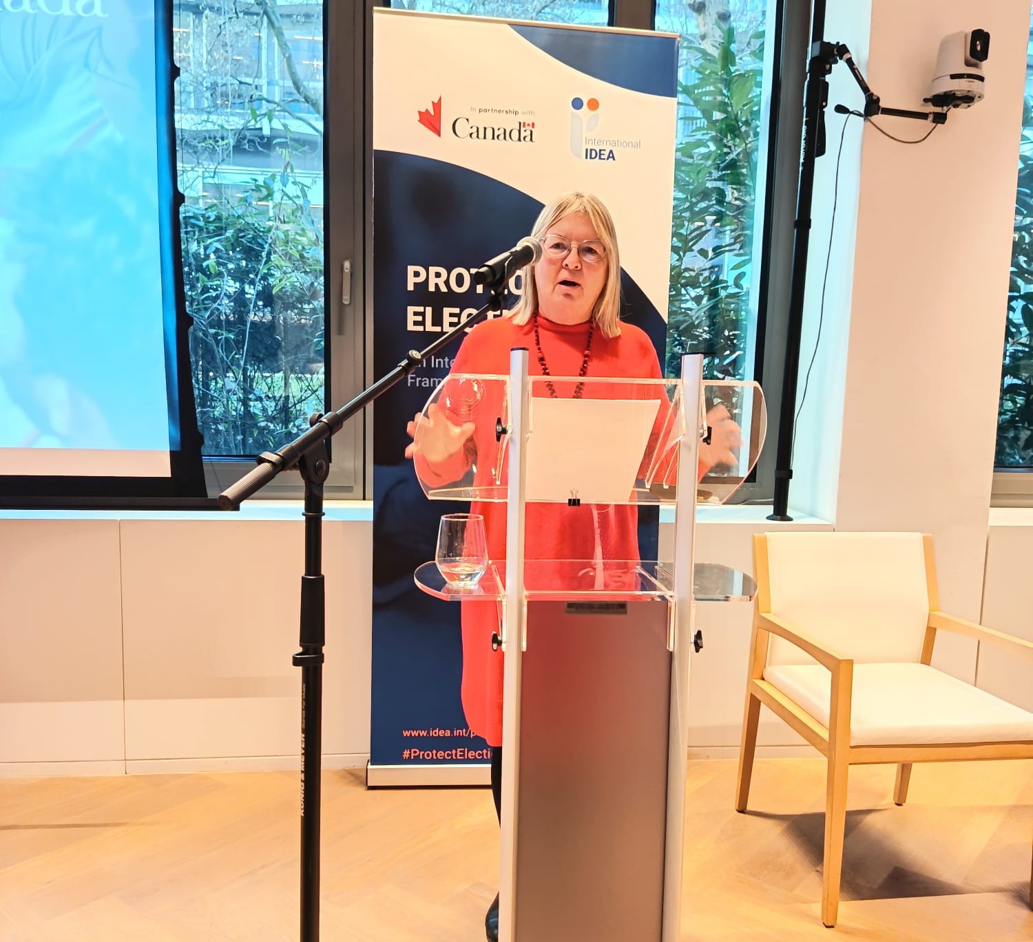 Katarzyna Gardapkhadze, Director of Global Programmes pronouncing her speech at the launch of the Integrated Framework for Protecting Elections.