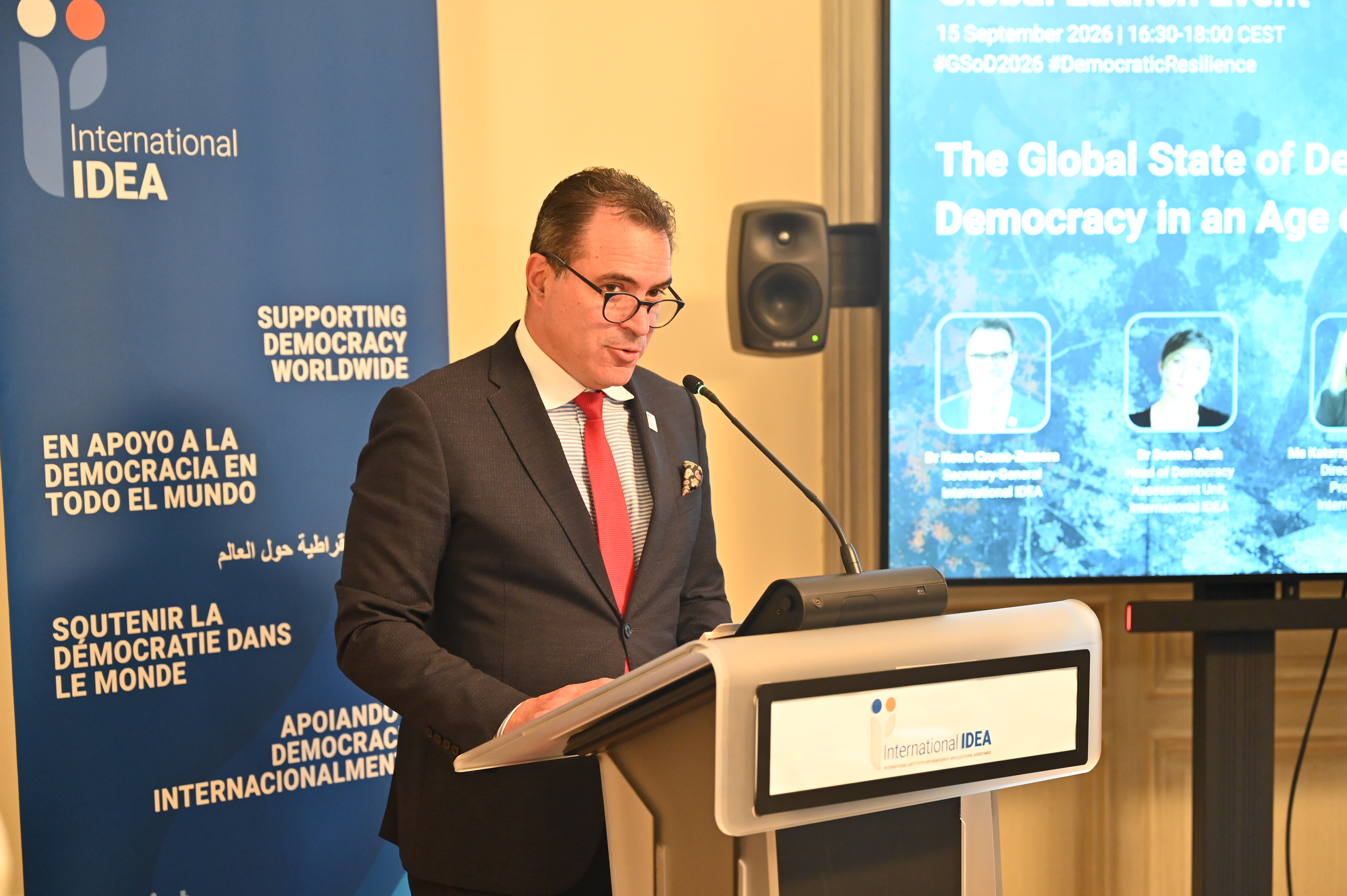 Kevin Casas-Zamora, International IDEA Secretary-General, delivers opening remarks at GSoD 2026 launch event.