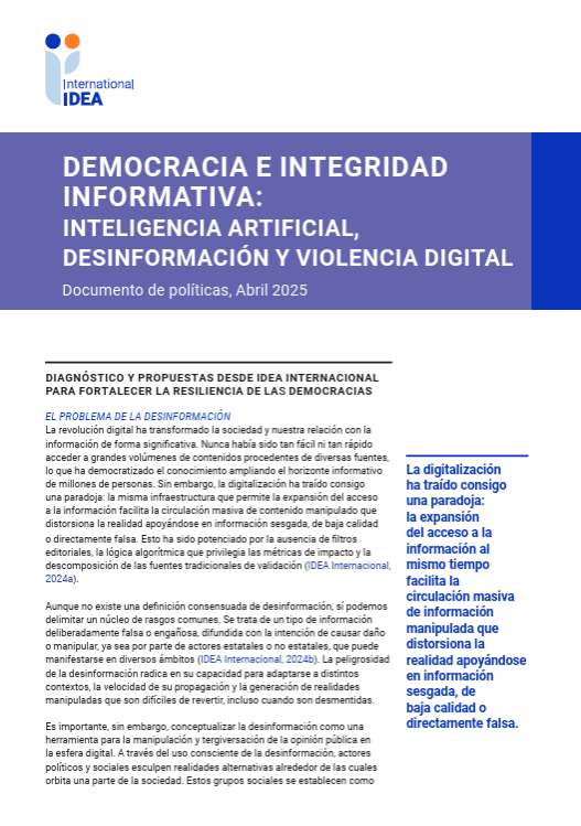 Portada del documento de políticas «Democracia e integridad informativa: inteligencia artificial, desinformación y violencia digital».