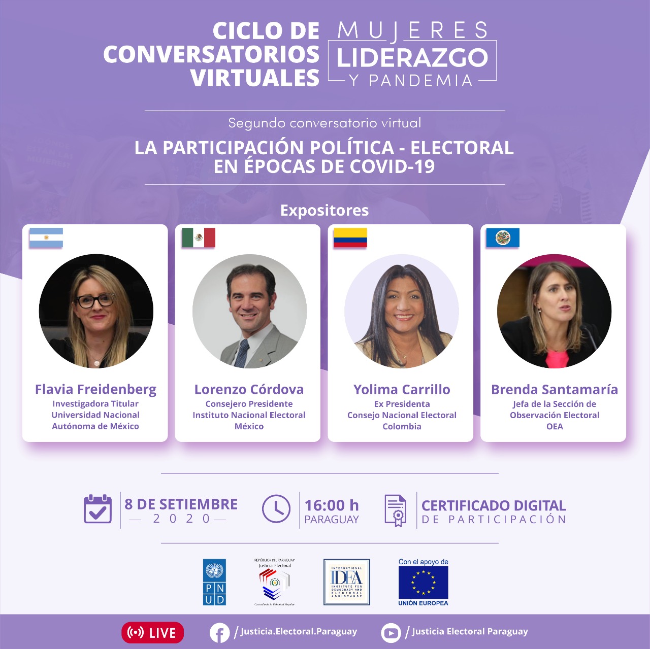 Ciclo de conversatorios virtuales: MUJERES, LIDERAZGO Y PANDEMIA. Segundo conversatorio con el  tema: "La participación polìtica - electoral en época de COVID-19"