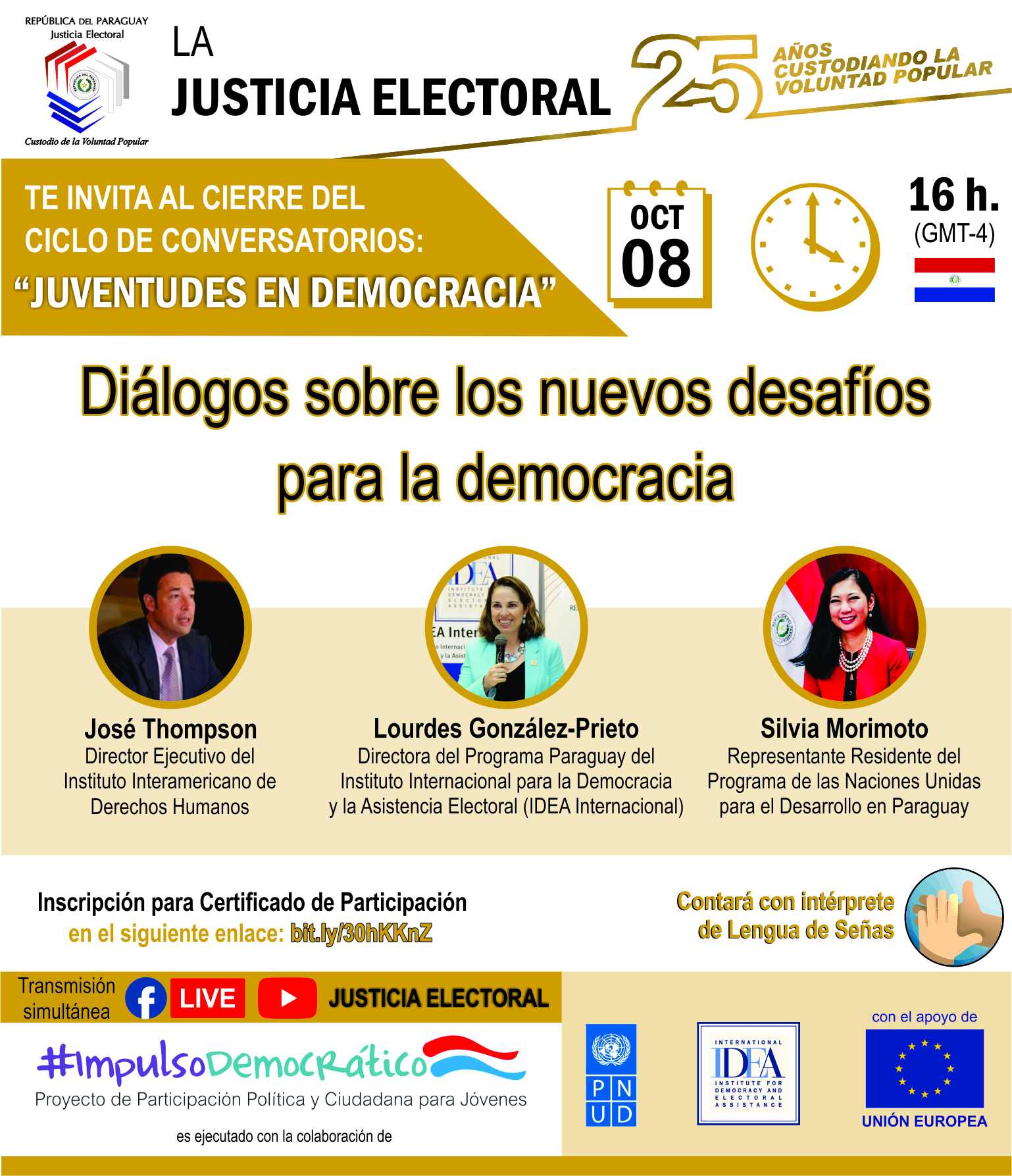 Flyer de conversatorios virtuales "Juventudes en Democracia" - Evento Final