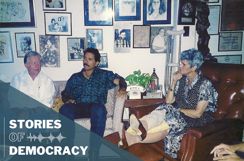 Former US  President Jimmy Carter with Daniel Ortega (center) and Violetta Chamora (right), President-Elect of Nicaragua.