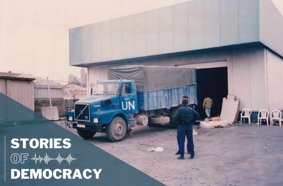 United Nations vehicle being loaded with election materials for the election in Palestine.