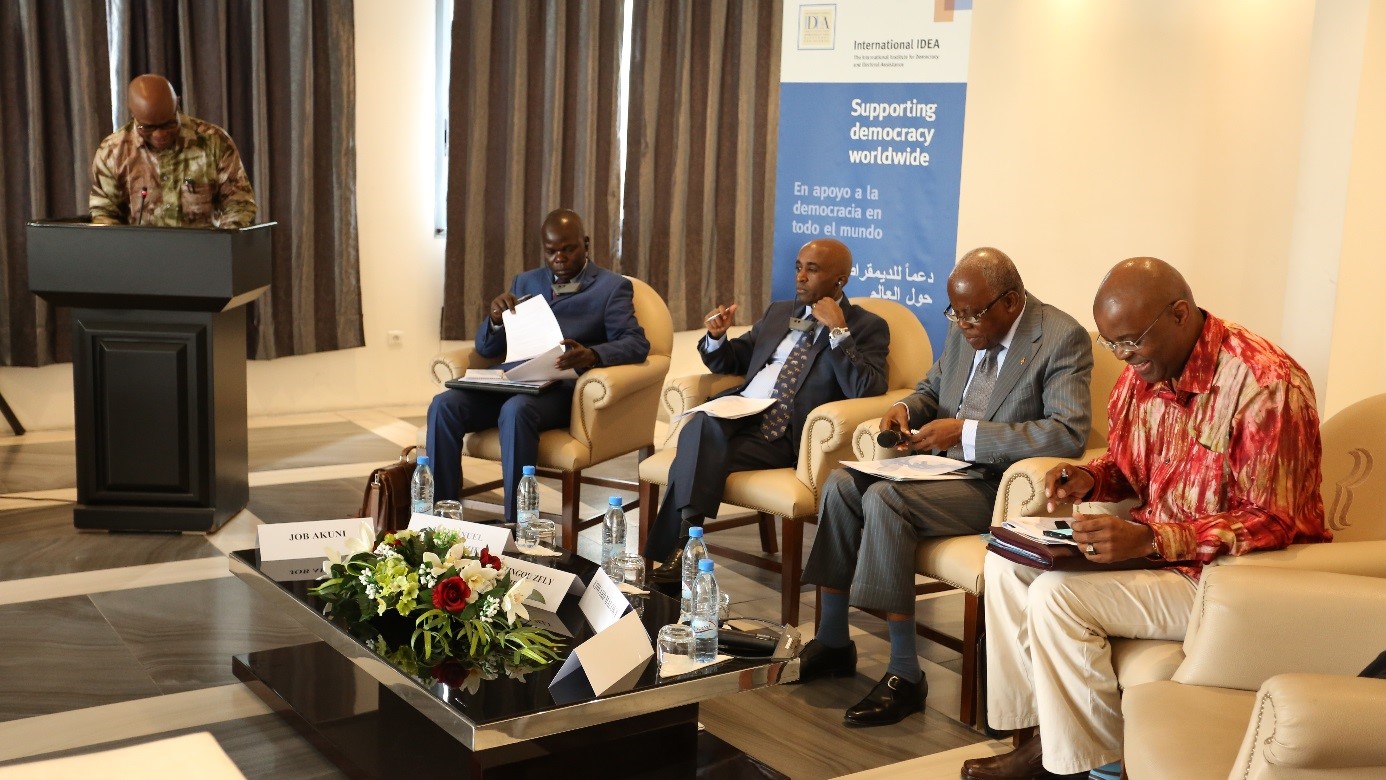 From left to right: Adebayo Olukoshi, Intrnational IDEA AWA Director ; Job Akuni, Representative of the African Union Commission; Beruk Negash, Representative of ACBF ; Inzoungou Zely Pierre, Representative of the Chairperson of the PanAfrican Parliament ; Eddy Maloka, Chief Executive Officer of APRM.