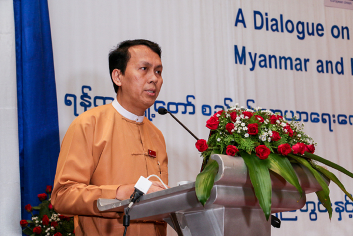 Yangon Region Chief Minister, U Phyo Min Thein, addressing regional government staff and representatives from the EU and International IDEA. Image: Thet Htun Aung.