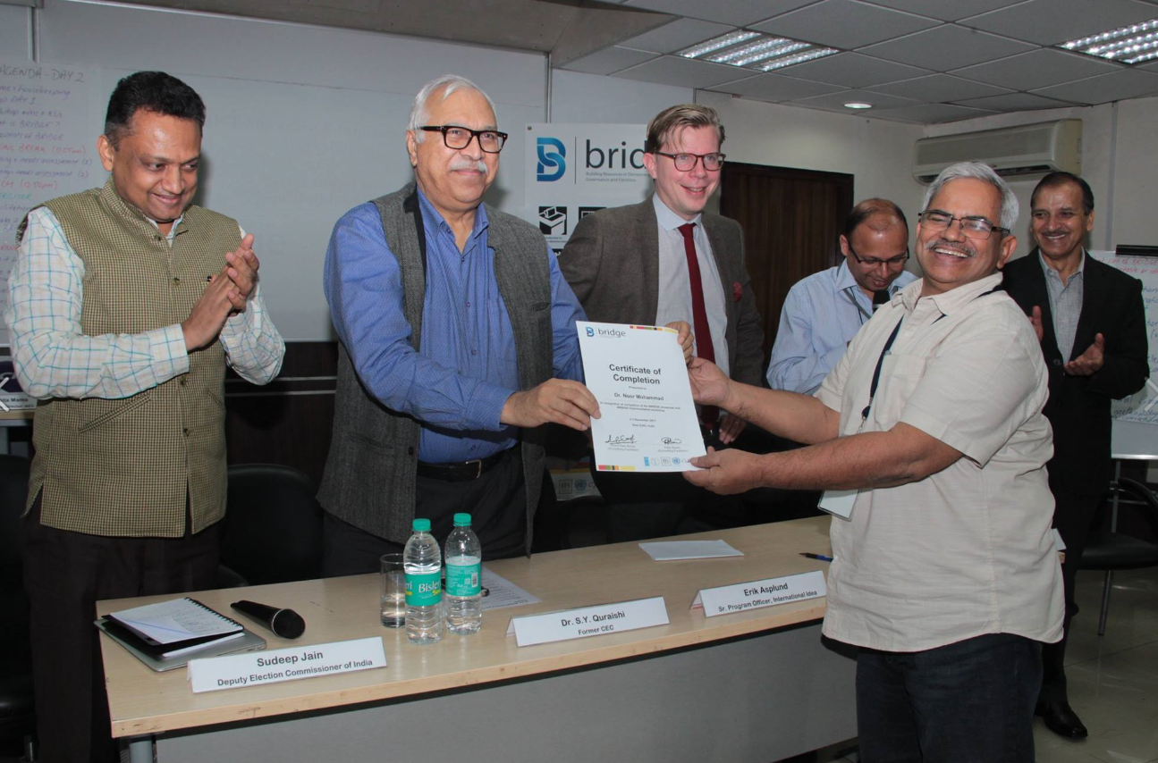 From left to right: Deputy Commissioner Sudeep Jain (ECI), Dr Quraishi (International IDEA Board of Advisors), Programme Officer Erik Asplund, Director Vivek Khare (ECI), Electoral Expert Dr. Noor Mohammad (ECI) and Shanti Ram Bimali (International IDEA). Photo credit: ECI.