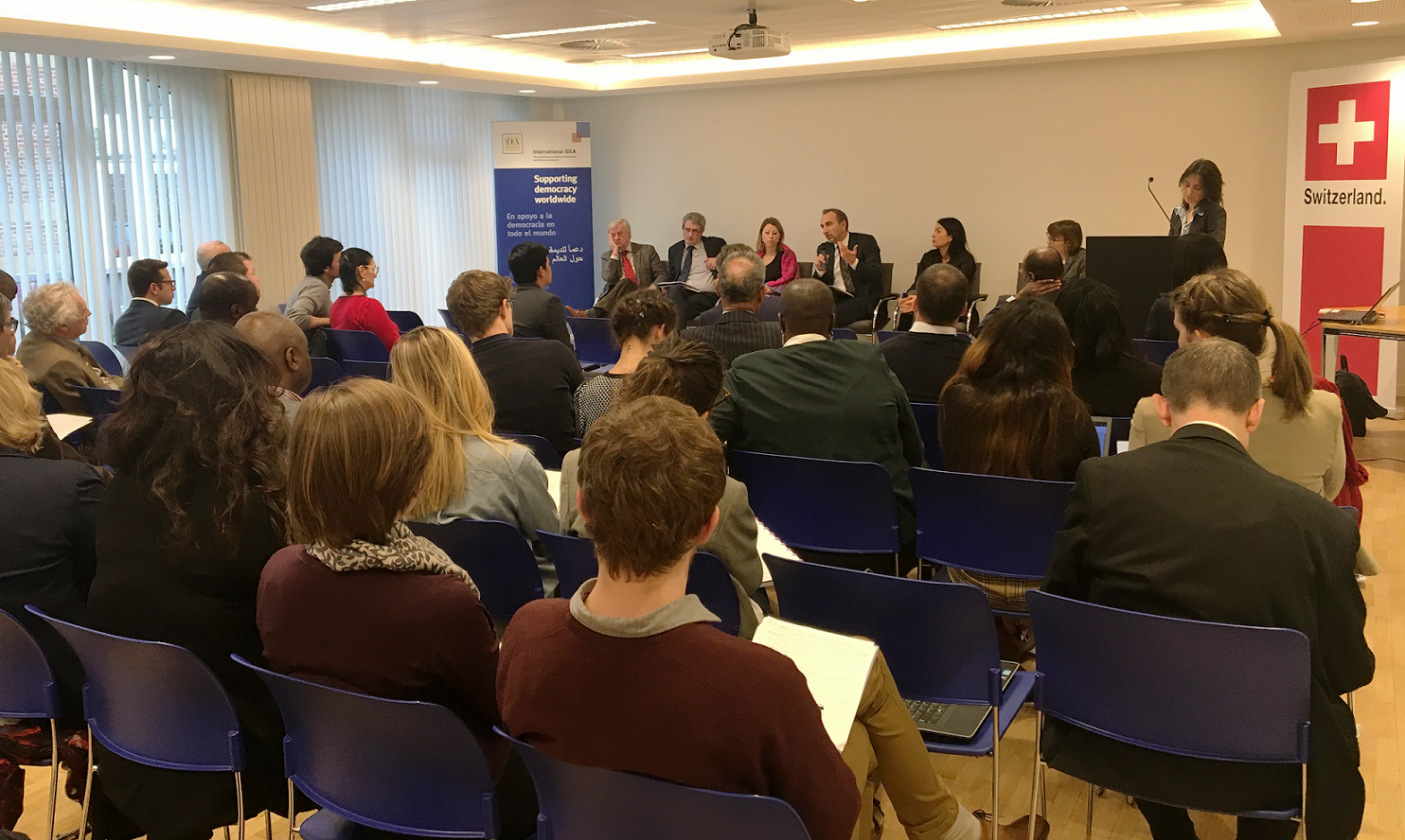 Panelists: Mr Marc Otte, Mr Patrick Costello, Ms Sonya Reines-Djivanides, Mr Dan Malinovich, Ms Cristina Castagnoli and Moderator Ms Fernanda Faria. Photo credit: Marilyn Neven, International IDEA.