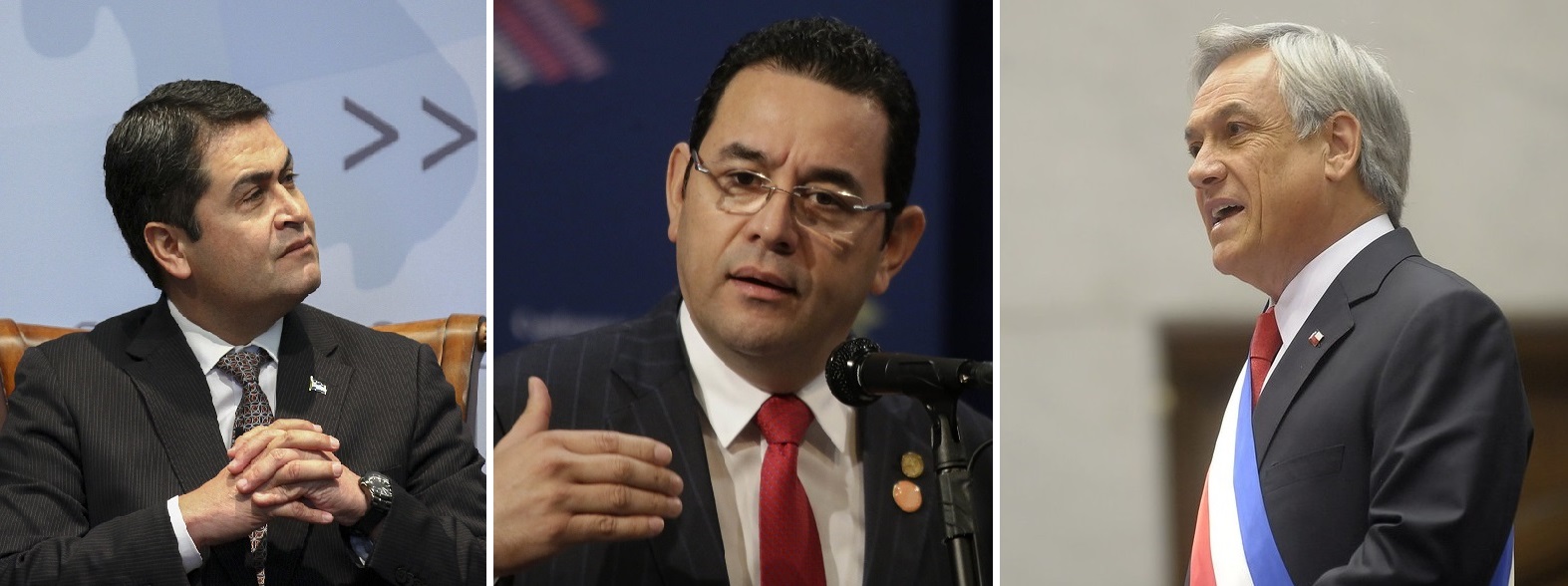 Three presidents who have been singled out for receiving illicit funding in their campaigns: Juan Orlando Hernández, from Honduras; Sebastián Piñera, from Chile, and Jimmy Morales, from Guatemala. Image credit: Presdiencia El Salvador, CSIS, Gobierno de Chile@flckr