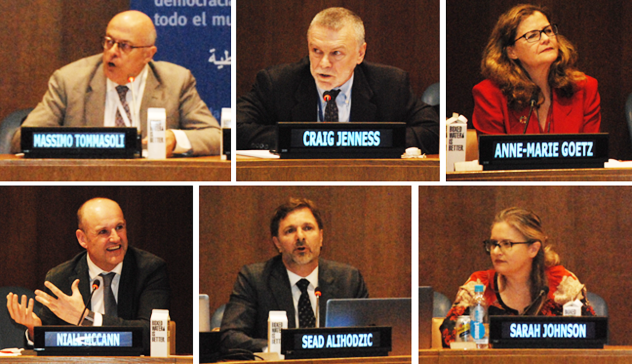 Dr Massimo Tommasoli (International IDEA) speaking at the event "Timing and Sequencing of Transitional Elections", alongside Mr Craig Jenness (UN DPPA/Electoral Assistance Division), Dr Anne-Marie Goetz (New York University), Mr Niall McCann (UNDP), Mr Sead Alihodzic (International IDEA),  and Ms Sarah Johnson (The Carter Center). Image credit: Kumiko Shibata