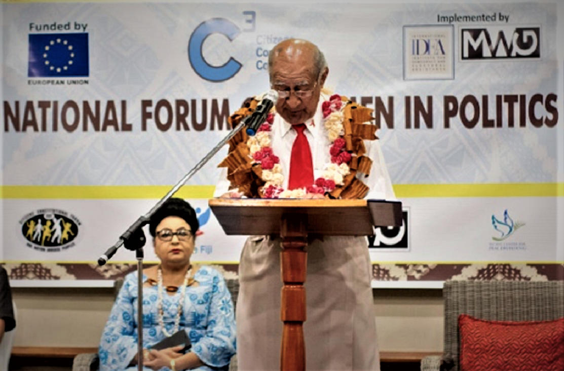 The Chief Guest, Ratu Epeli Nailatikau, Speaker of the Fijian Parliament opening the National Forum, onlooked by the Deputy Speaker, Veena Kumar Bhavnagar. (Image credit: Dialogue Fiji)