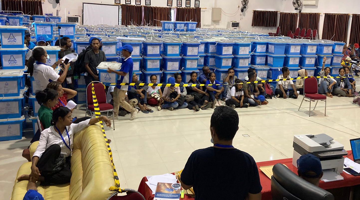 Collected ballot boxes seen at the Dili Municipal Results Tabulation Centre on 20 March 2022 (Photo credit: Michael Maley)