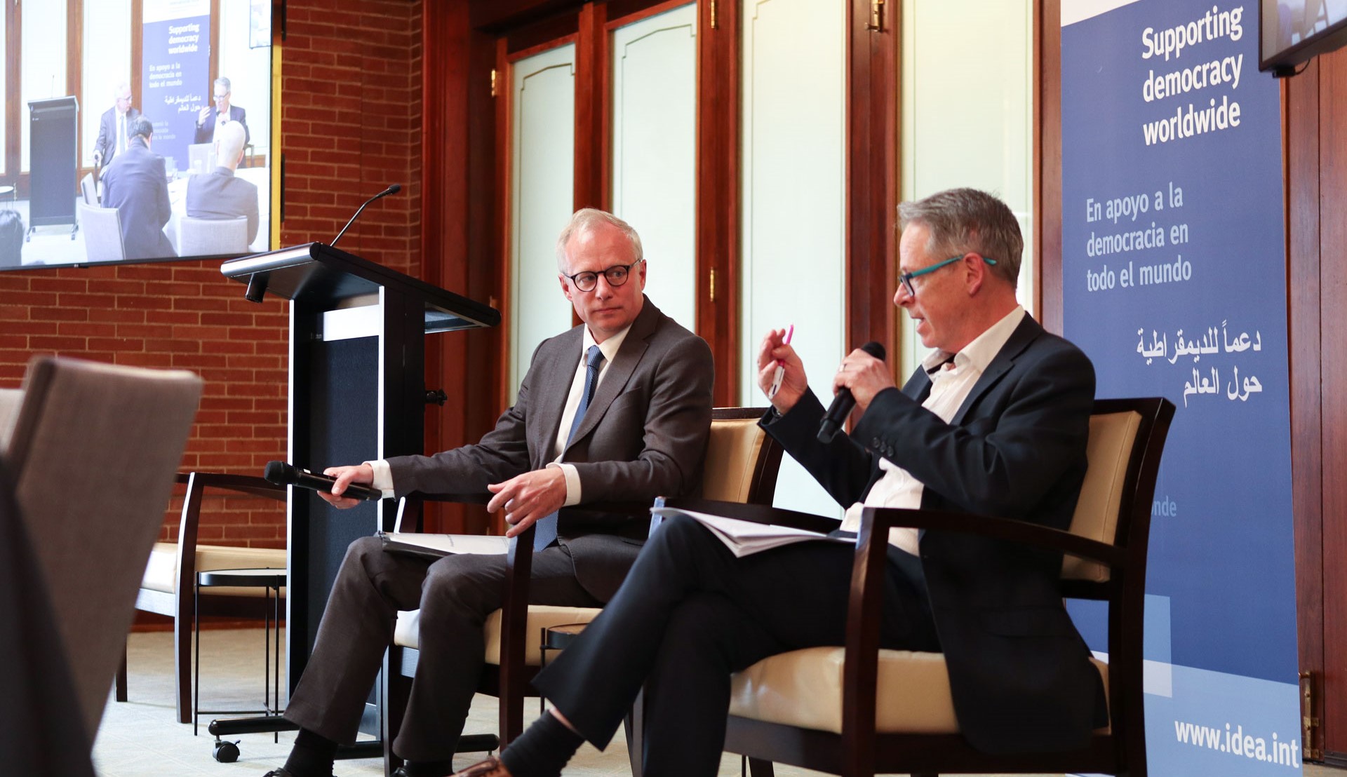 Marcus Brand, International IDEA's Head of Myanmar Programme speaks with moderator Mark Kenny. 