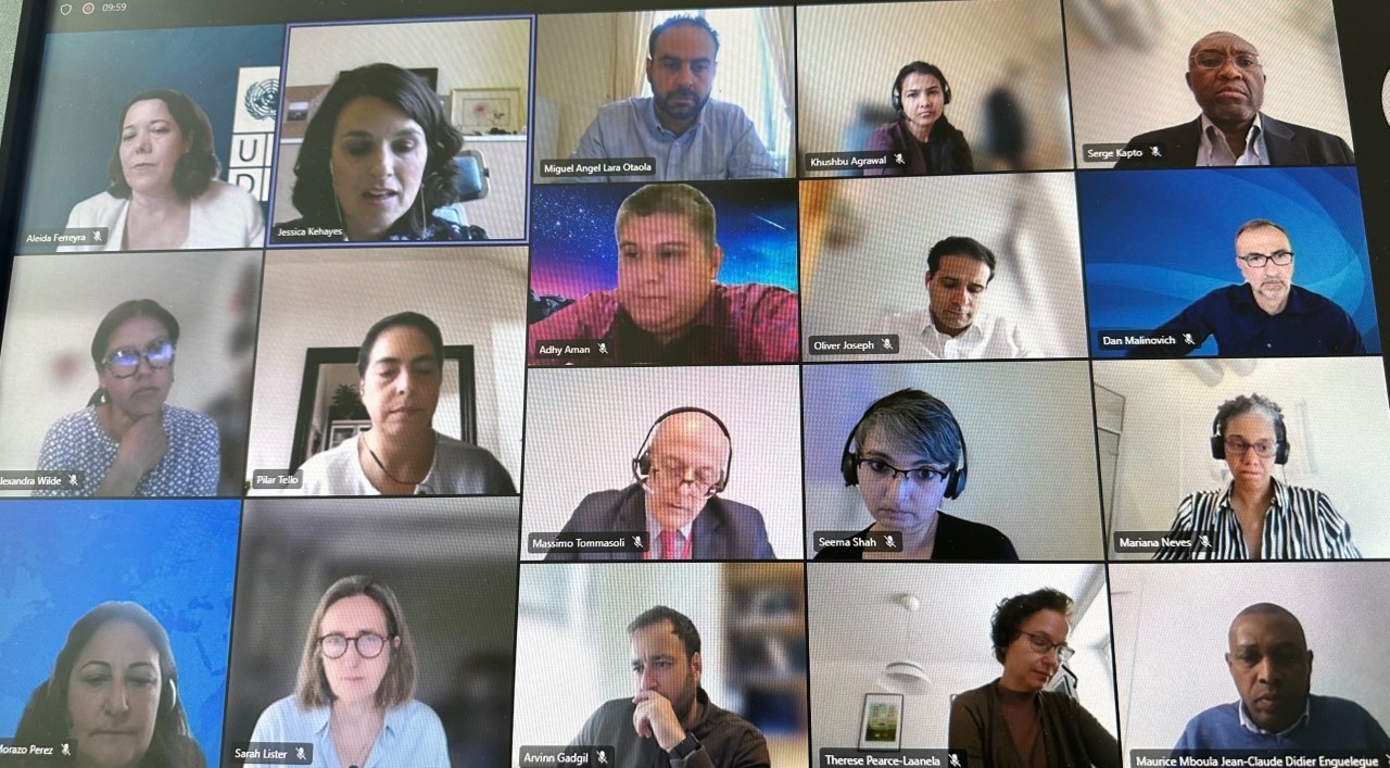 Many experts talking in an online seminar each located different places
