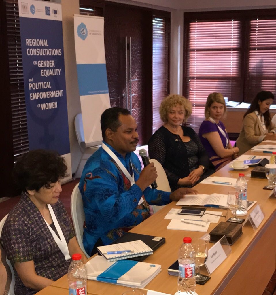 Left to right: Koh Miyaoi, Gender Team Leader for Asia, UNDP; Siprianus Bate Soro, Team Leader of Democratic Governance and Poverty Reduction Unit, UNDP Indonesia; Maria Leissner, Secretary General of the Community of Democracies; Leena Rikkila Tamang, Director, Asia-Pacific Office, International IDEA; Patricia Galdamez, Civil Society Coordinator, Community of Democracies.