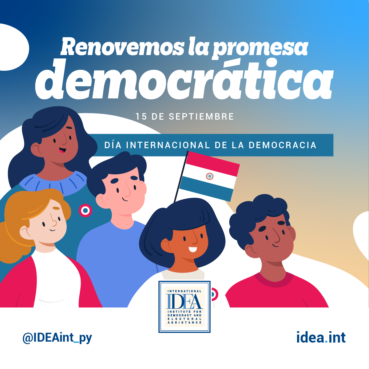 Flyer con un titulo que dice "Renovemos la promesa democrática" y un grupo diverso de personas mirando un amanecer