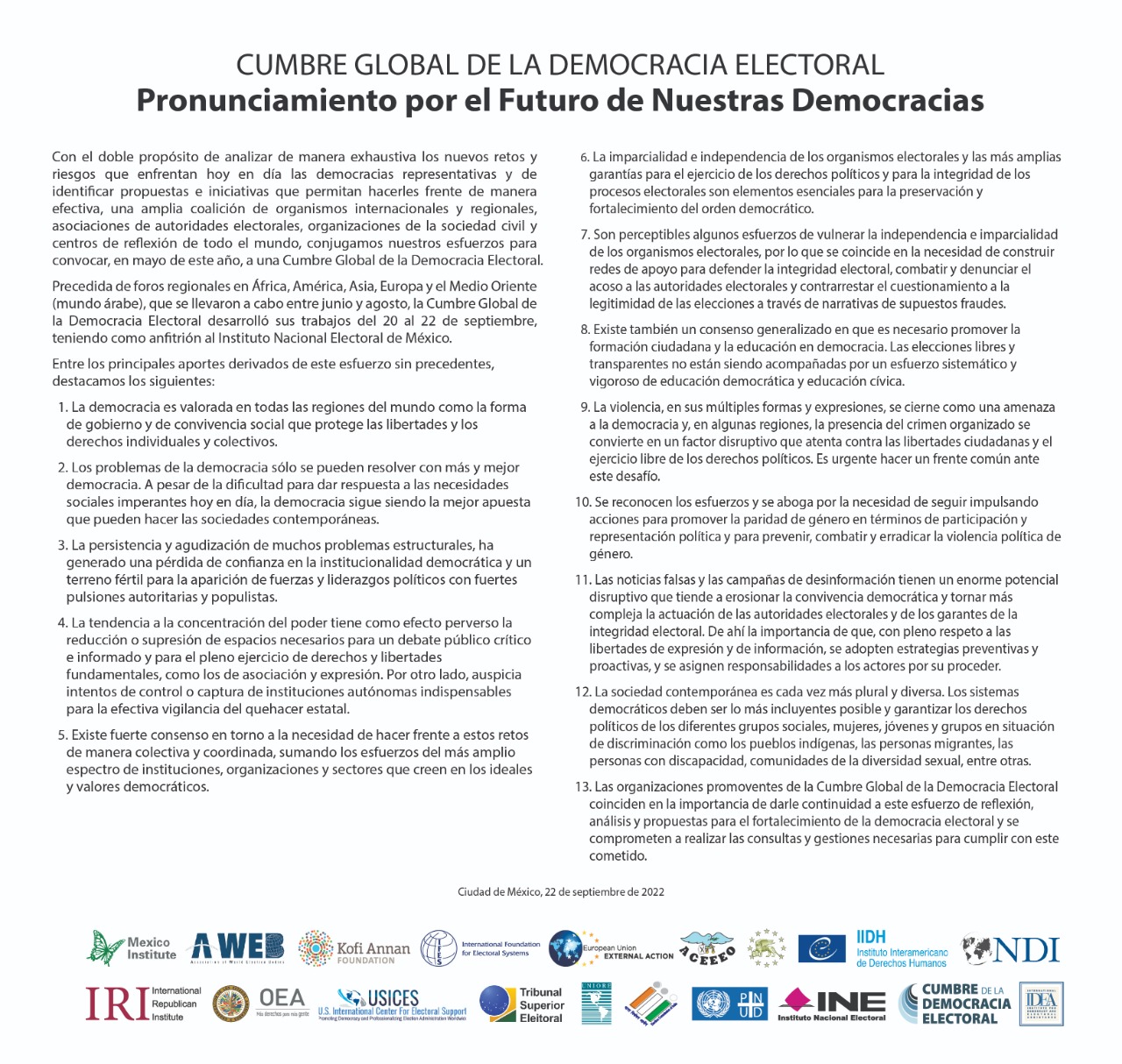 Cumbre Global de la Democracia Electoral, texto con logos de las organizaciones participantes.