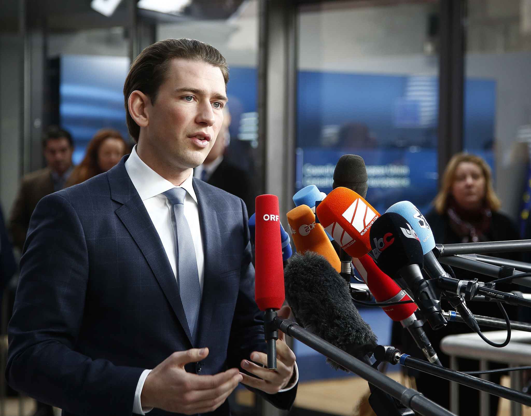 Austrian People's Party leader, Sebastian Kurz, talking to media