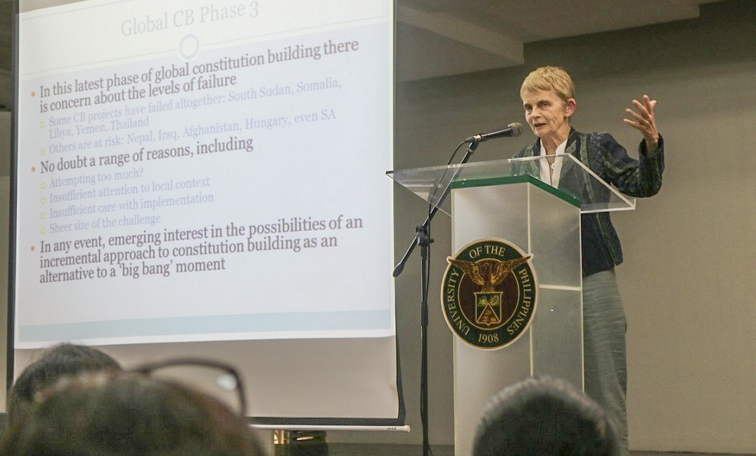 Professor Cheryl Saunders at the PH Constitution @30 Public Forum, University of the Philippines Cebu. (Photo © Nyla Prieto)