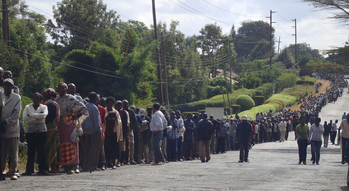 Kenya's fourth presidential and parliamentary elections were held on 4 Mar 2013: Long lines of patient voters at the polling station at Loresho Primary School. Photo credit: ILRI/Susan MacMillan@flickr.