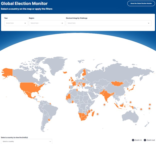 an interface of the global election monitor shows a world map with filter above