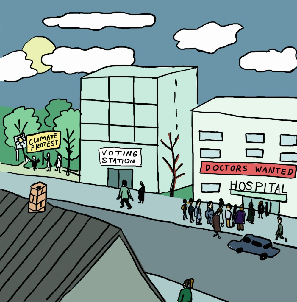 a street with 3 buildings, one is a voting station with 2 people in frontwhile a long queue standing in front of a hospotal. On the side there are several people in a protest on climate