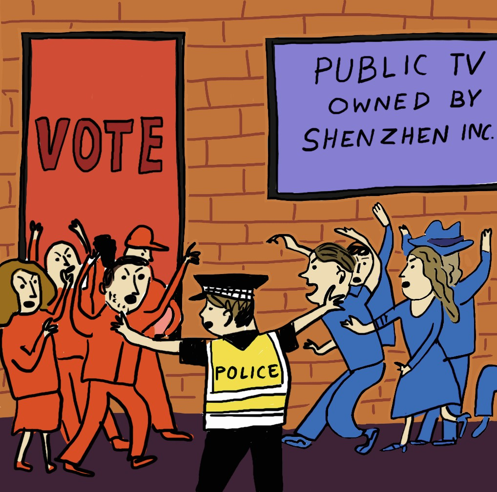 two groups, one in red and the other in blue, in a conflict in front of a voting station with a policeman in between trying to stop them