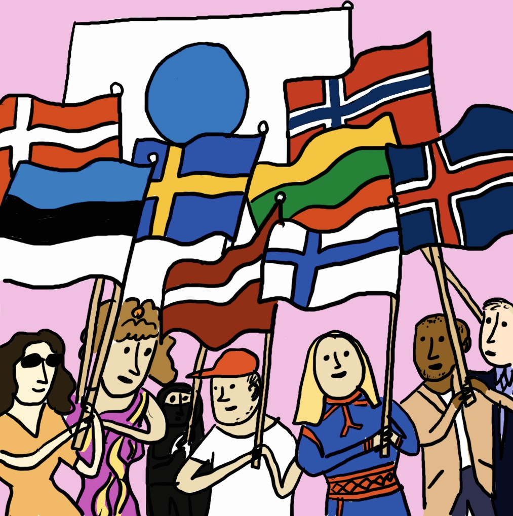 seven diveresed persons holding different flags from scandnavian and baltic states