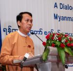 Yangon Region Chief Minister, U Phyo Min Thein, addressing regional government staff and representatives from the EU and International IDEA. Image: Thet Htun Aung.