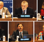 Dr Massimo Tommasoli (International IDEA) speaking at the event "Timing and Sequencing of Transitional Elections", alongside Mr Craig Jenness (UN DPPA/Electoral Assistance Division), Dr Anne-Marie Goetz (New York University), Mr Niall McCann (UNDP), Mr Sead Alihodzic (International IDEA), and Ms Sarah Johnson (The Carter Center). Image credit: Kumiko Shibata
