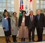 From left to right: Advocate Notemba Tjipueja, Chairperson of the Electoral Commission of Namibia; Morina Muuondjo, Ambassador of Namibia to Sweden; Maureen Magreth Hinda, Deputy Minister of International Relations and Cooperation of Namibia; José Beraún Aranibar, Ambassador of Peru to Sweden; and Yves Leterme, Secretary-General of International IDEA. Photo © Lisa Hagman, International IDEA