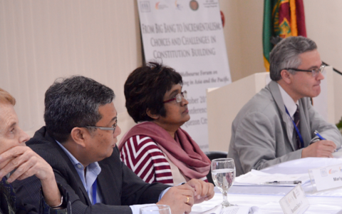 Participants from around the Asia Pacific region discuss 2017 Melbourne Forum's theme, "From Big Bang to Incrementalism: Choices and Challenges in Constitution Building", in the Philippines. Photo credit: DILIMAN