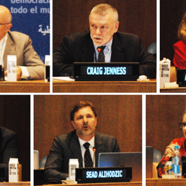 Dr Massimo Tommasoli (International IDEA) speaking at the event "Timing and Sequencing of Transitional Elections", alongside Mr Craig Jenness (UN DPPA/Electoral Assistance Division), Dr Anne-Marie Goetz (New York University), Mr Niall McCann (UNDP), Mr Sead Alihodzic (International IDEA), and Ms Sarah Johnson (The Carter Center). Image credit: Kumiko Shibata