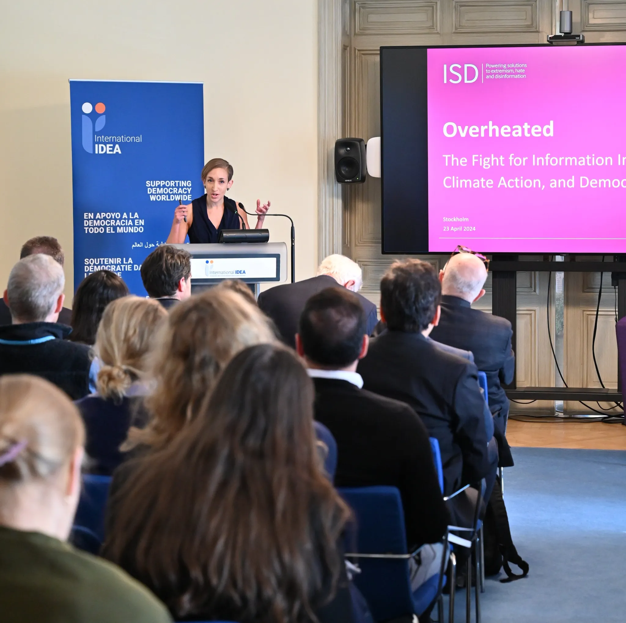 Jennie King, Director of Climate Policy and Research at the Institute for Strategic Dialogue, gives the inaugural lecture of the Stockholm Series of Public Lectures on Climate Change and Democracy at International IDEA’s headquarters in Stockholm on 23 April 2024. Credit: International IDEA