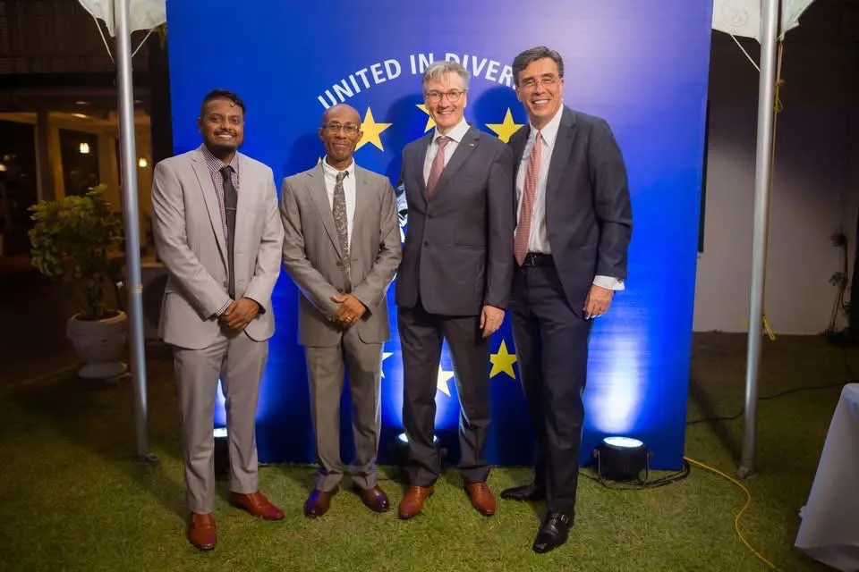 From left to right: Junior Paul Chanderpaul, Program Assistant; Colin Hodge, Administration and Finance Officer; René van Nes, European Union Ambassador to Guyana and Suriname, and Head of the European Union Delegation to Guyana; and Marcelo Varela-Erasheva, Program Manager.