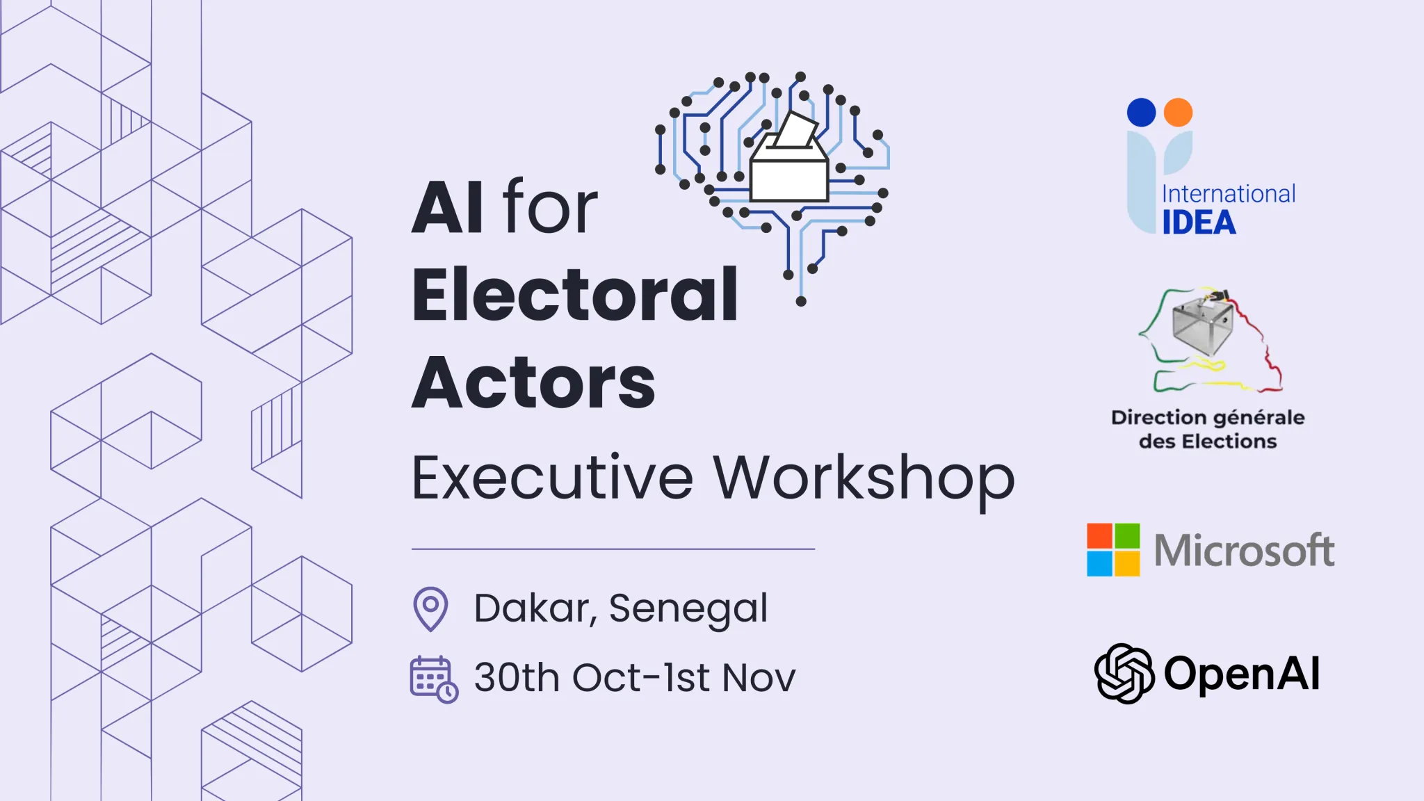Event details, including AI for Electoral Actors Project logo, date and location for the workshop + funding and implementing partners