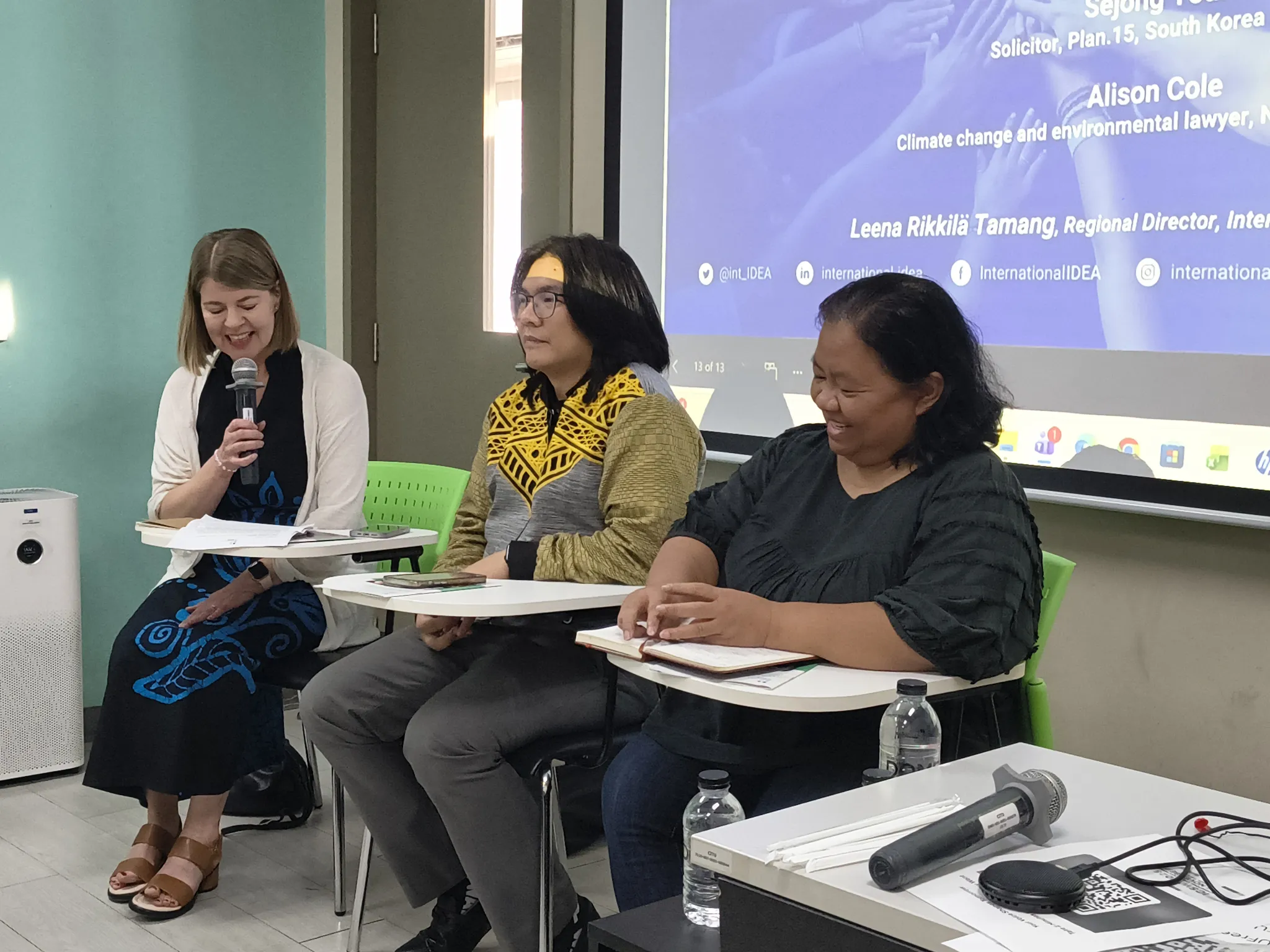 From left to right: Leena Rikkilä Tamang, Raymond Baguilat, and Sor. Rattanamanee Polkla discussing the recently released report, 'Let the Courts Decide?' report in Bangkok, Thailand in November 2025.